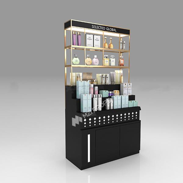 Black Gold Display Showcase Cosmetic Shop Display Rack with Light Strips for Perfume Shop Display and Cosmetic Store Interior Design