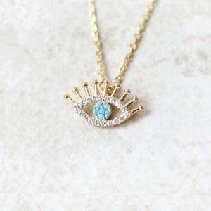925 Sterling Silver Micro Pave Clear CZ and Turquoise Evils Eyes Pendant