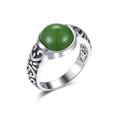 Carved 925 Silver Gemstone Rings 10x10mm Round Shaped Dark Green Jade Ring