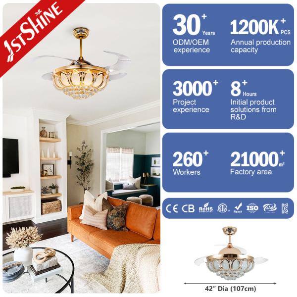 42 Inches Crystal Retractable Ceiling Fan Light Metal Copper ABS Blade