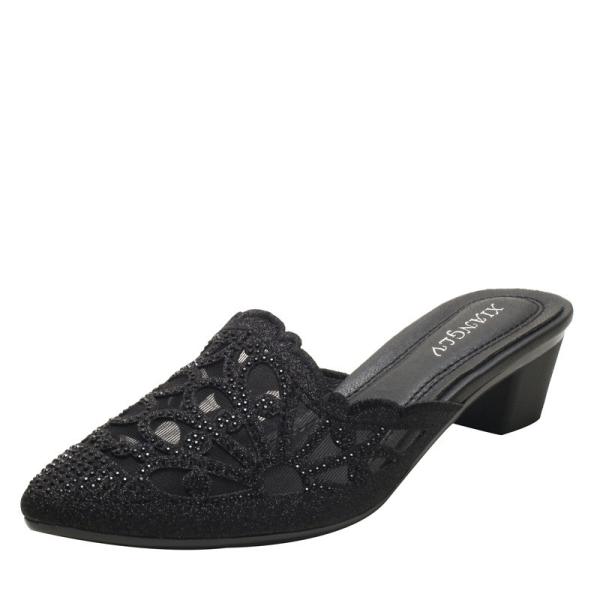 BS148 Pointed Toe Rhinestone Half Slippers Women 2021 Summer Mesh Mid-Heel Shoes Women Thick Heels Lace Sandals