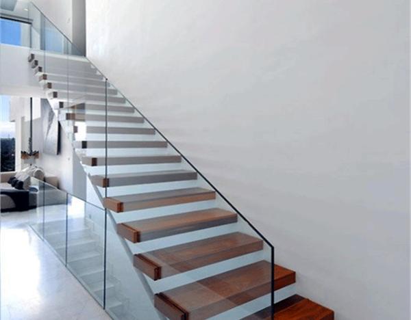 Wooden Tread Railing Building Floating Stairs , Floating Glass Staircase With Top Handrail