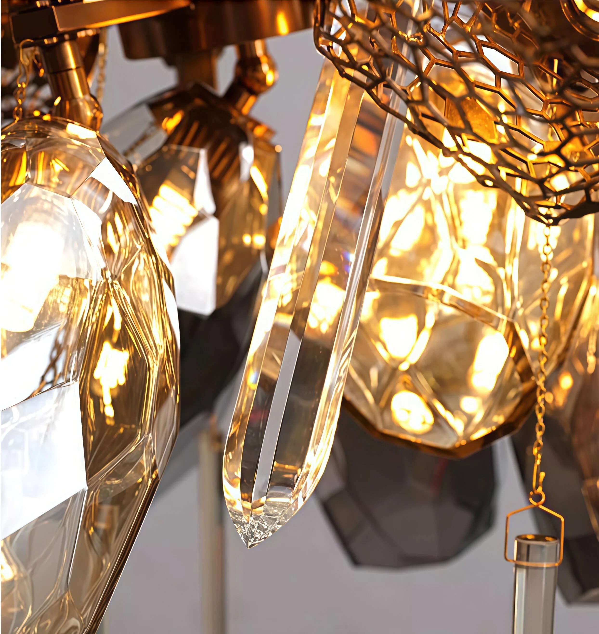 JYLIGHTING Modern Irregular Art Linear Glass & Gold Iron Chandelier, Abstract Sculptural Pendant Light for Luxury Dining Table & High-End Villa Interior