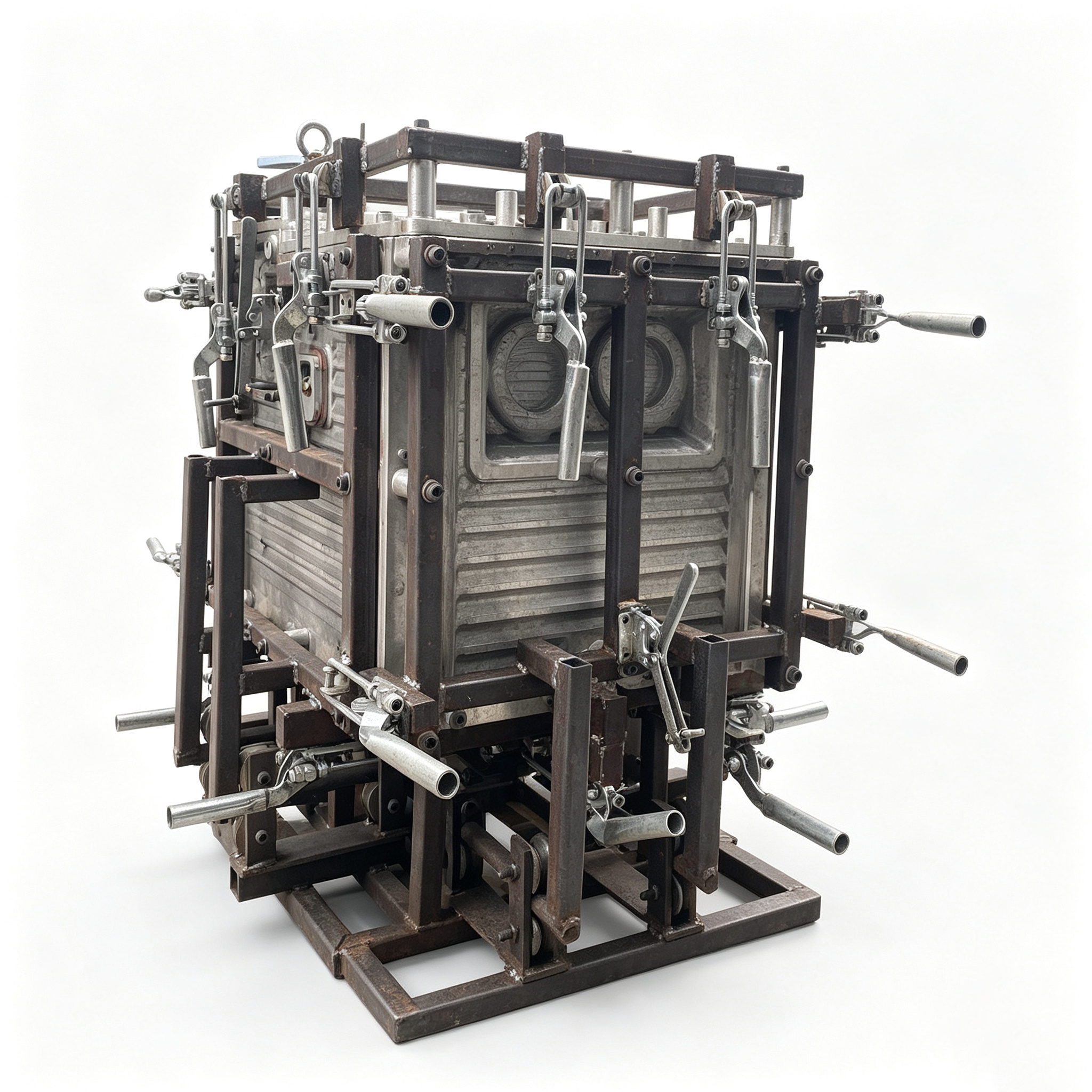 Custom Complex Multi-Piece Cast Aluminum Rotomolding Mold with Multi-Directional Side-Cores & Mechanical Ejection Frame for Advanced Enclosures