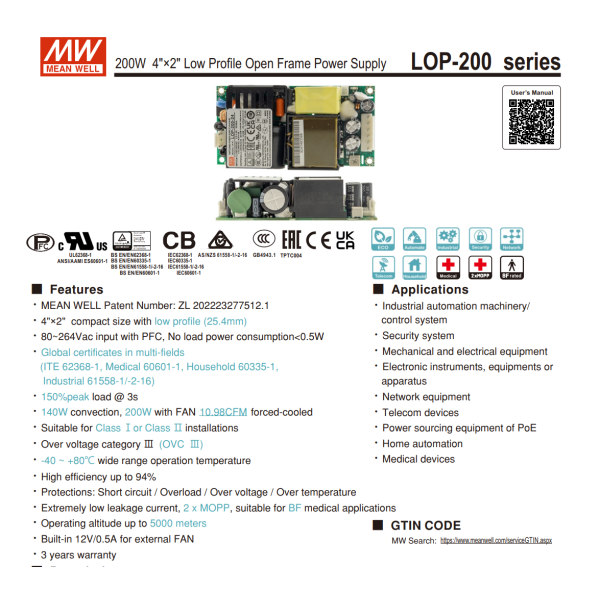 LOP-200-48 Switching Power Supply 201.6W 48V 4.2A Medical 2X4 Low Profile