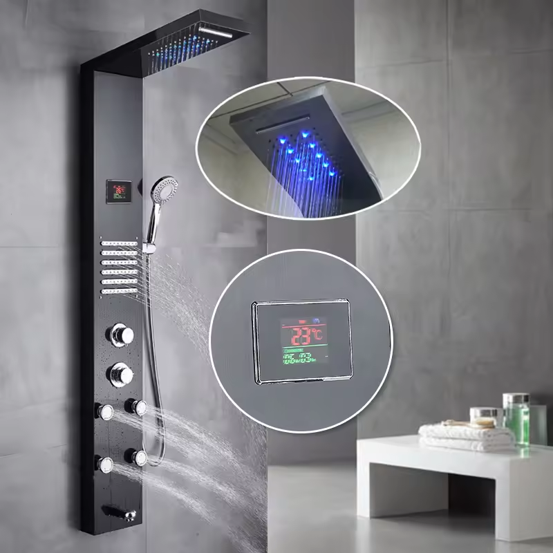 LED Bathroom Shower Set with Stainless Steel Multi Function Shower Tower Panel System