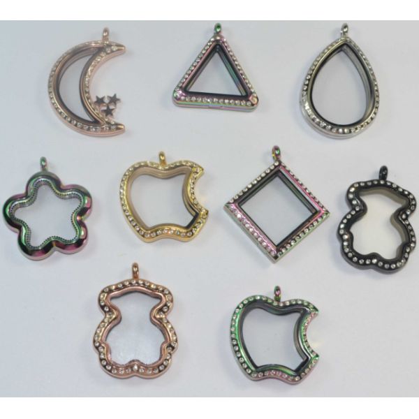 S.Steel Bear Moon Triangle Square Apple Five Star Water Drop Shape Glass Floating Lockets