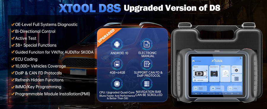2025 XTOOL D8S Диагностический инструмент сканирования поддержка CAN FD & DoIP, ECU кодирование, топология, программирование ключей