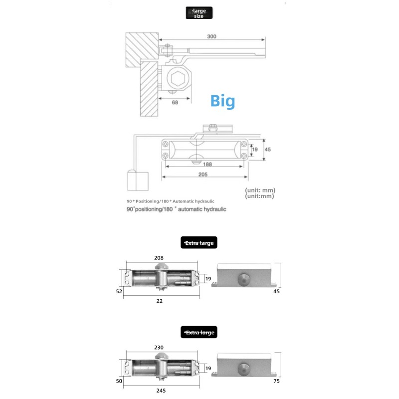Hydraulic Buffer Aluminum Alloy Automatic Door Closer Dual Speed Xiongfeng XF-25030 2-Year Warranty 180 Opening Angle