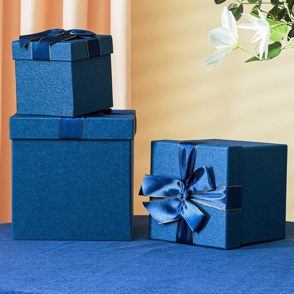 Elegant Blue Square Premium Empty Gift Box With Bowknot Packaging For Birthdays