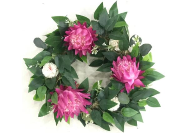 No Withering 60cm Pink White Flowers Fake Wreath With Green Leaves