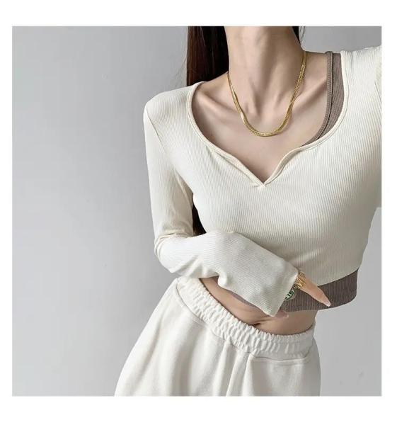                  Spice Girl Two-Piece Patchwork Color Small V-Neck Long-Sleeved T-Shirt Women′s Spring Slim Show Short Crop Top             