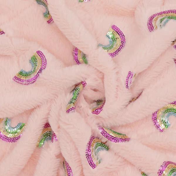Recycled 100 Polyester Rabbit Fur Rainbow Style Sequins Embroidery on Plush Fabrics for Home Textiles