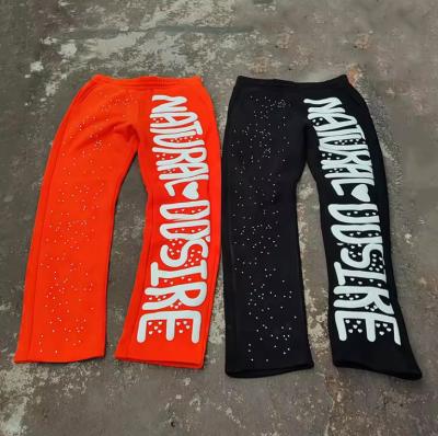 Custom Rhinestone Puff Print Sweat Pants Joggers Vintage Acid Wash Flared Sweatpants Men