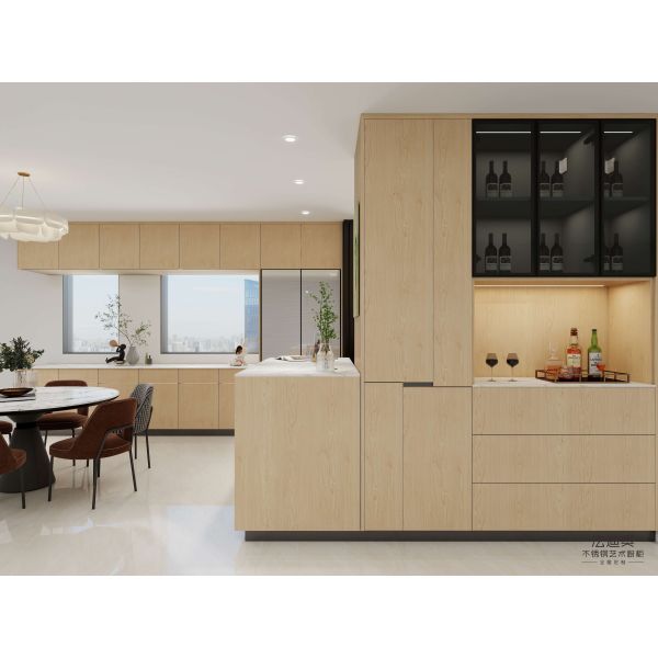Nordic White Oak Stainless Steel Kitchen Cabinets U-Shaped Layout
