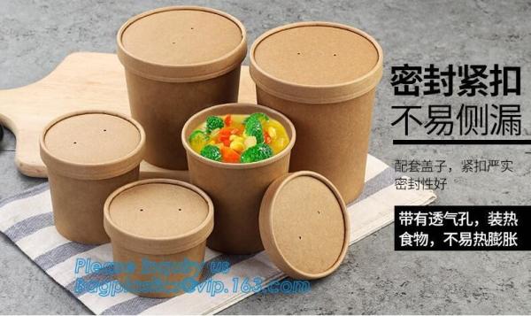 Eco Friendly Disposable takeaway food container Kraft Paper noodle bowls Hot Soup Cup With Paper Flat Lid bagease packag