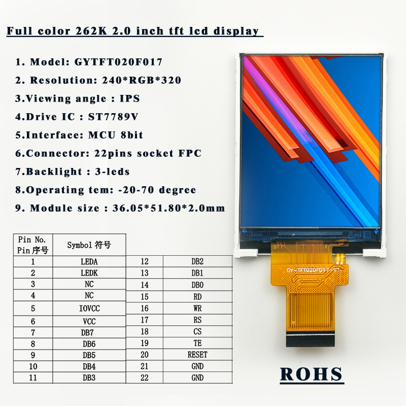 Genyu 2.0 Inch IPS TFT LCD Display with 240x320 Resolution and ST7789V Driver