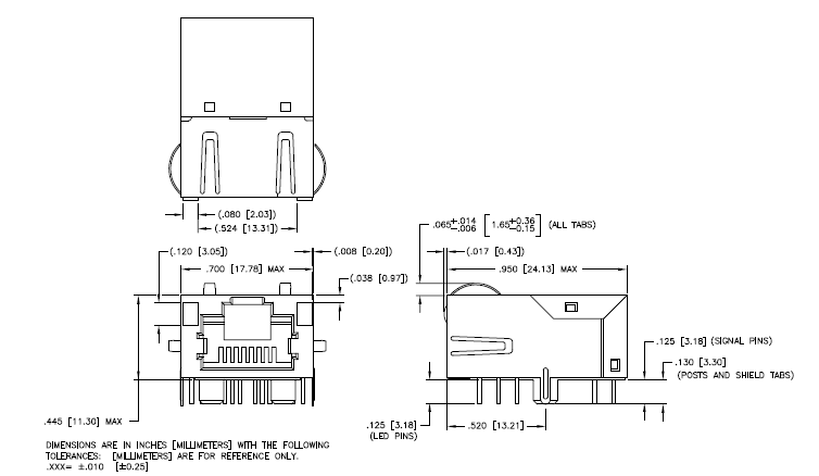 Single Row 6pins PoE RJ45 Connector J0G-0059NL Right Angle With LED / Finger