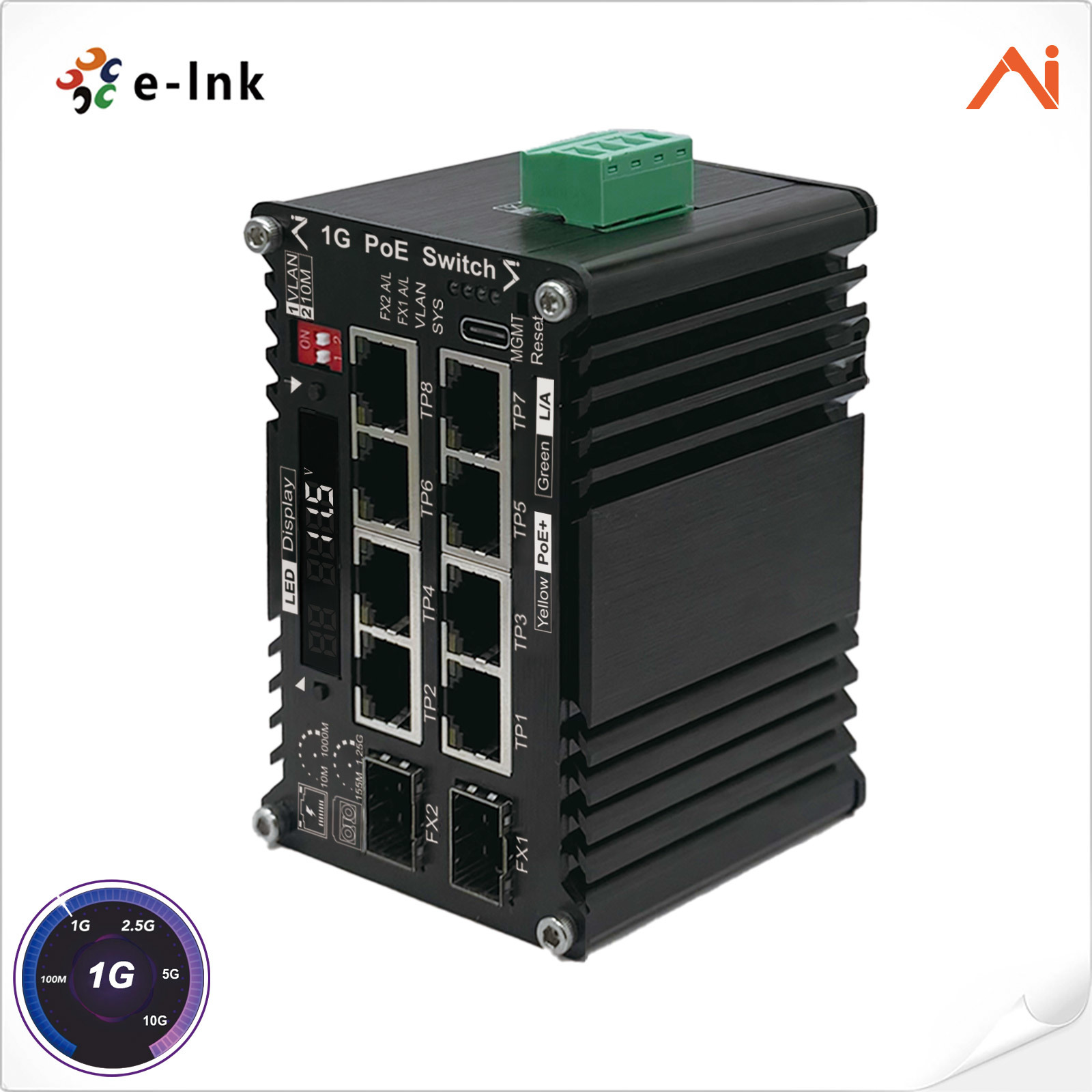 AI Smart Managed 8-Port PoE+ 30W Industrial Switch with 9-54VDC Wide Voltage and -40°C to +75°C Operating Range