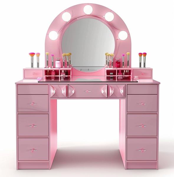 Bedroom Makeup Sets LED Lighted Mirror Vanity Table With Drawers And Storage Shelves Adjustable In Pink