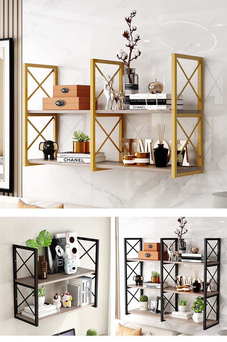 2 Tiers Golden Wooden Floating Wall Mount Shelves for Bedroom Moon Nordic Wall Shelf