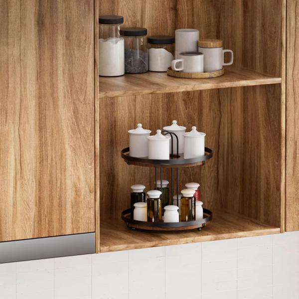 2 Tiers Standing Type Wood Element Mdf Round Household Multifunctional Stylish Metal Kitchen Organizer Seasoning Organizer