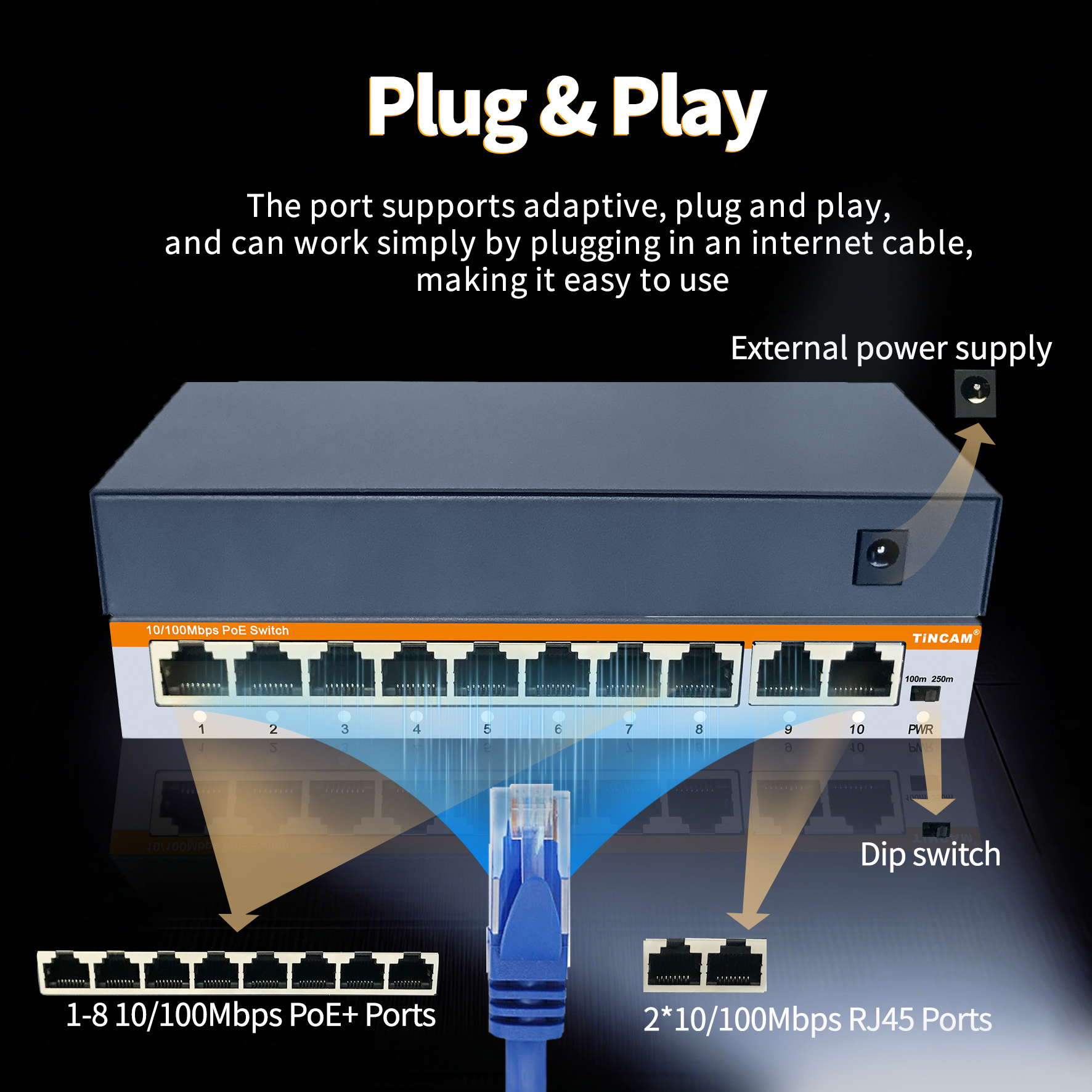 8-Port 10/100Mbps PoE Switch with 2 Uplink Ports 250m Extend VLAN IEEE 802.3af/at 96W Built-in Power Supply Unmanaged Metal Network Switch TBC-PS4310E