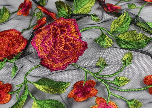 Tela de malha 3D bordada floral nupcial, tela líquida bordada nupcial da flor vermelha