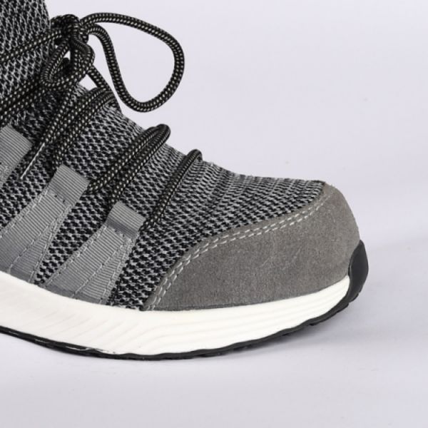 Бренд Серая Flyknit защитная обувь Рабочие сапоги Шнурки закрытие EVA наружная подошва Стальная пальца Дышащая обувь безопасности