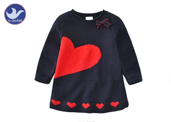 Hearts Jacquard Girls Knitted Dress A- Line Long Sleeves Round Neck With Butterfly Knot