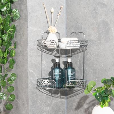 Chrome Finished Corner Shower Caddy with 2 Tiers Bathroom Iron Rack Wall Mounted Type