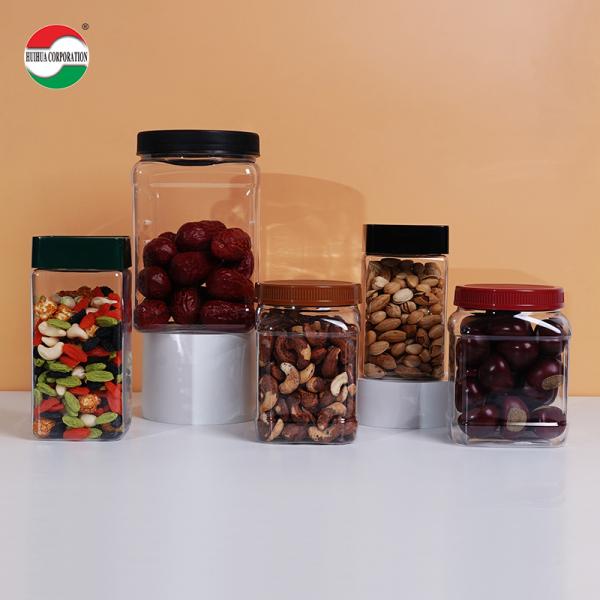 Envases cuadrados Jarrones de plástico transparentes con tapas Etiquetas personalizadas de punta de tornillo Embalaje Jarrón de plástico grande