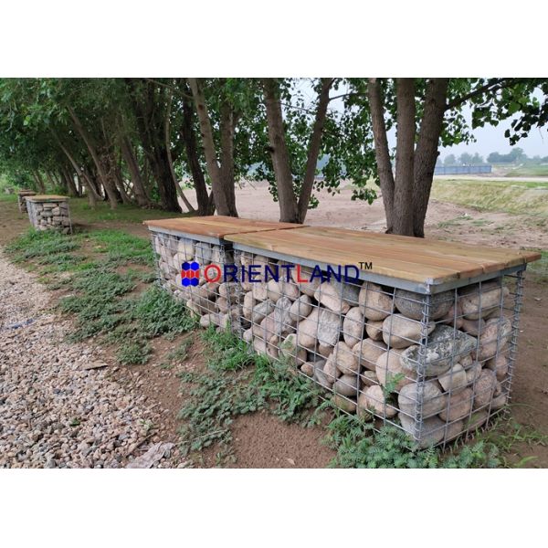 Galvanized Steel Welded 200cm Gabion Basket Bench With Pine Wood Boards