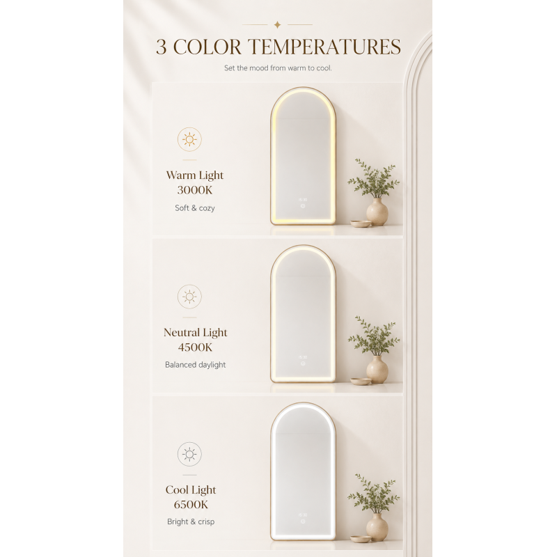 Kingstin Arch Smart LED Bathroom Vanity Mirror with Time Display 3 Colors Dimmable Aluminum Gold Frame Backlit Wall Mounted