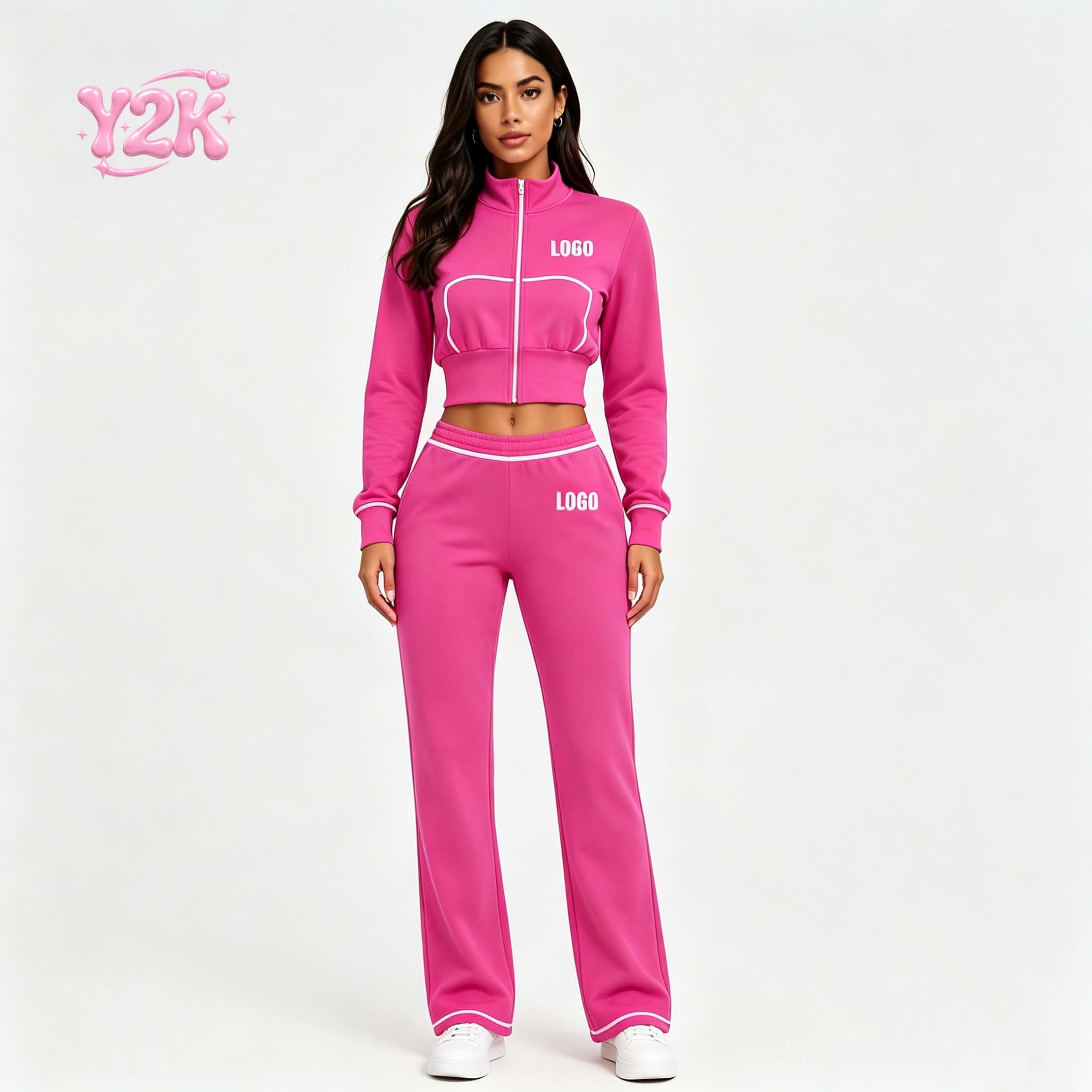 Custom Women's Contrast Piping Zip Up Jacket & Wide Leg 2pc Set