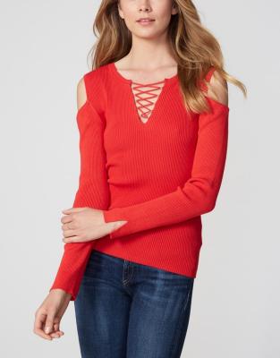 Fine Gauge Women'S Wool Pullover Sweaters , Ribbed Eyelet Lace Red Pullover Sweater