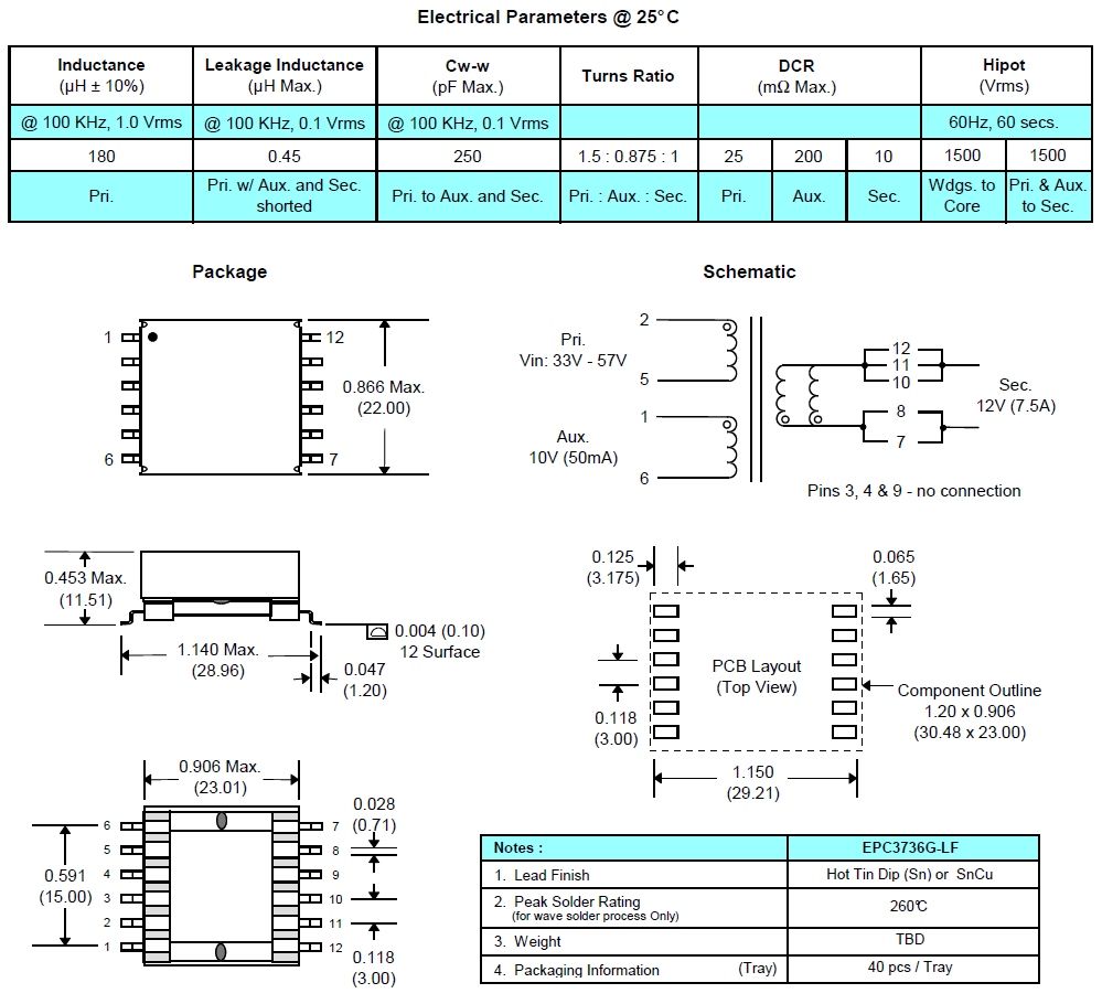 Transformador dianteiro síncrono do ponto de entrada de EFD20 EPC3736G-LF SMPS 90W projetado trabalhar com LTC3725