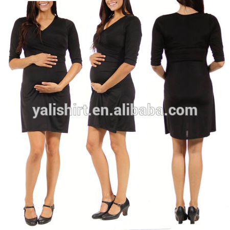 2015 high quality cheap black wrap front cotton/spandex half sleeve dresses office wear for pregnant women