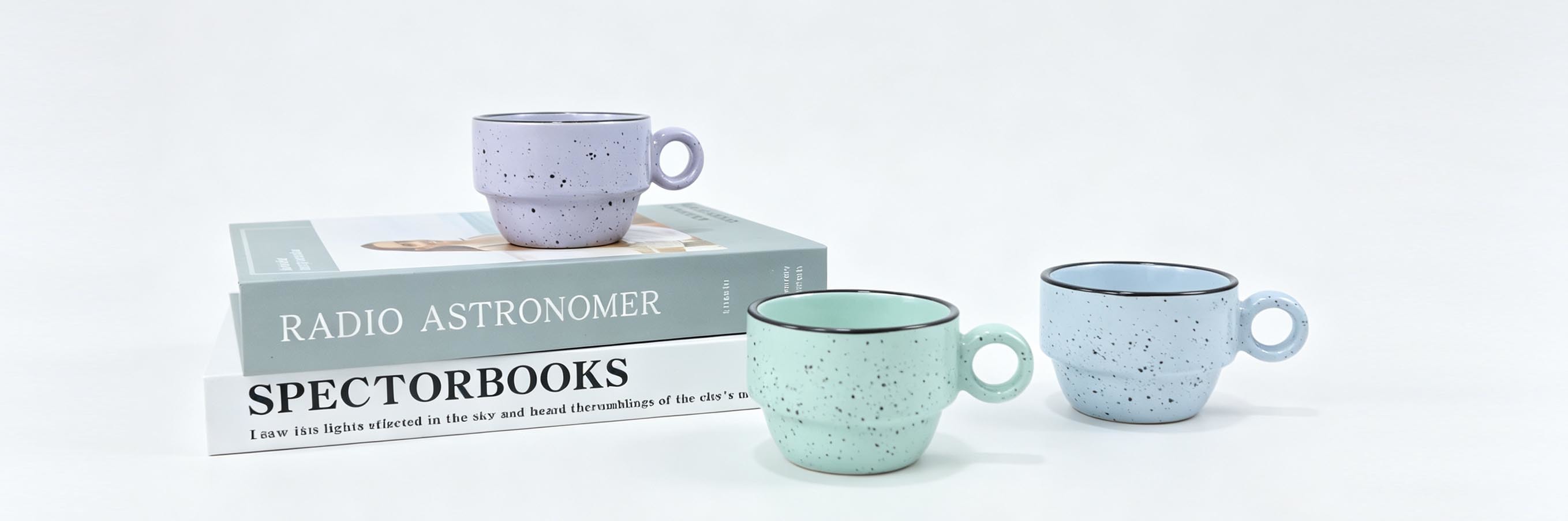 Speckled Enamel‑Style Stackable Ceramic Mug Set of 3, Pastel Purple Mint Blue Coffee Cups with Ring Handle