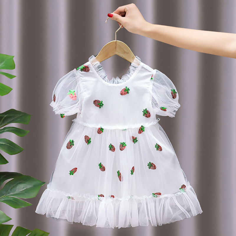 Принцесса Одевать девушки сетки клубники одежды платья оптовых детей Sequined
