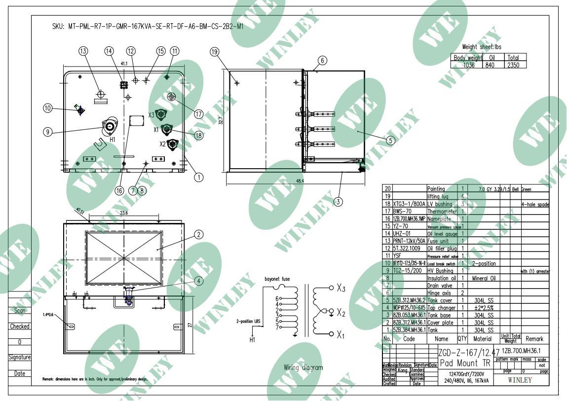 167kVA Single Phase 304L Stainless Steel Pad Mounted Transformer for 12.47kV Distribution