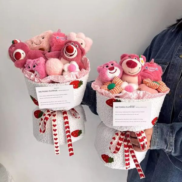 Cartoon Strawberry Bear Doll Flower Bouquets Strawberry Bear Flower Bouquets for Girlfriend as Doll Flower Bouquets on Qixi Festival Valentine's Day for Graduation Confessions