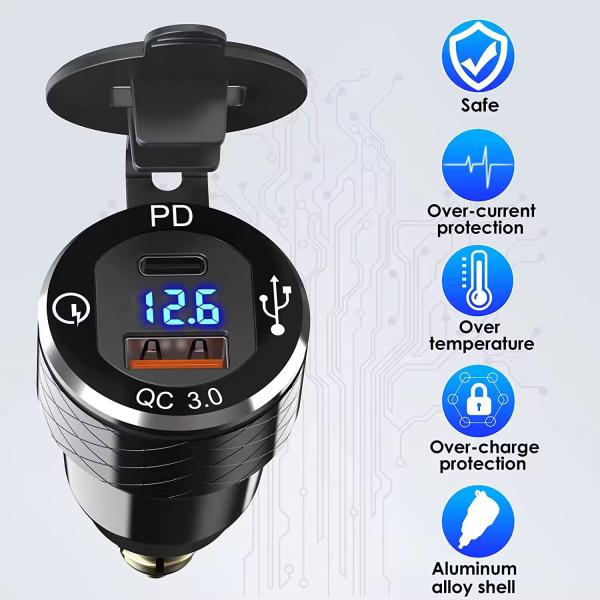 Moteur de moto PD Type C Chargeur de téléphone 12 volts Adaptateur prise en mode USB A QC3.0 Conception étanche