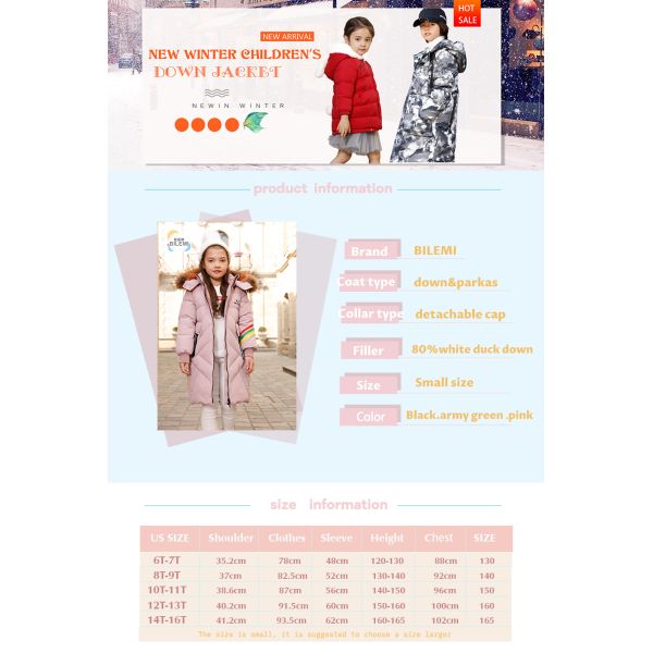 High Quality Kids Clothes New Style Jacket Outdoor Girl Winter Coat Russian High Rock Padded Down Jacket