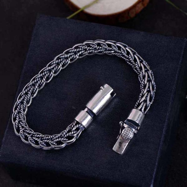 Retro Handmade 925 Sterling Silver Rope Chain Mens Bracelet(060670)