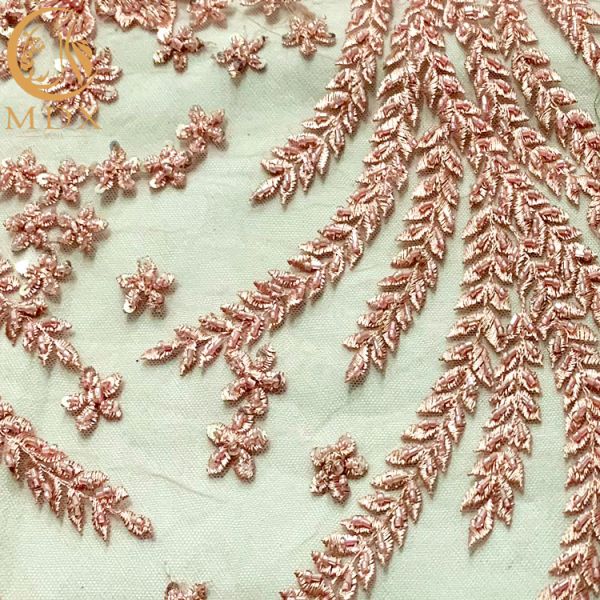 Modern Pink Beaded Embroidered Lace Fabric For Nigerian Wedding