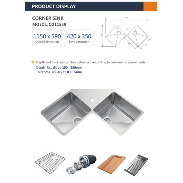 112x59 Corner Stainless Steel Kitchen Sink 16 Gauge Brushed 30 Inch Double Bowl
