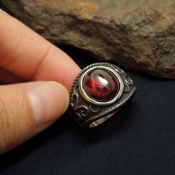 Men's Titanium Stainless Steel Vintage Ring with Red Cubic Zirconia (SA704)