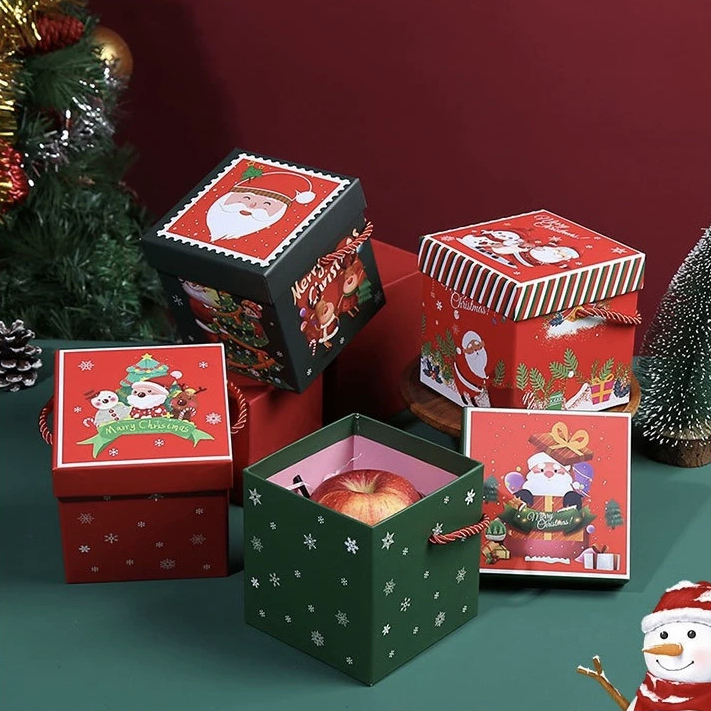 Christmas Rigid Packaging Box With Rope Handle For Apple And Holiday Gifts