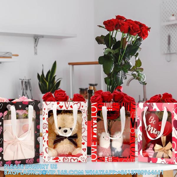 Valentine'S Day Heart Gift Bag With Clear Window And Handles 10 X 7 X 3.15 Inch Gift Bags For Valentine'S